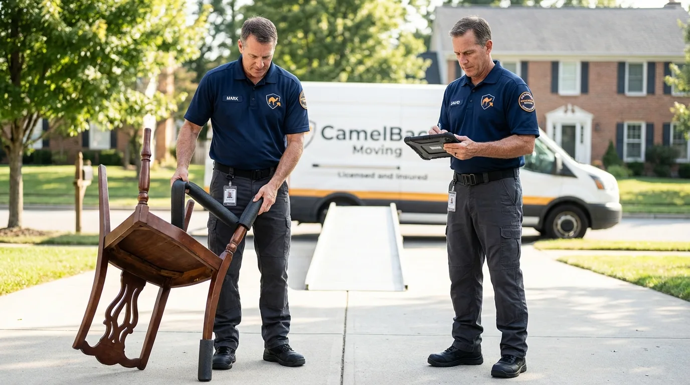 Movers inspecting furniture for damage prevention before loading in Pratt, KS