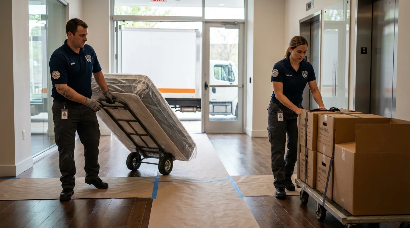Professional apartment movers loading elevator in Pratt, KS